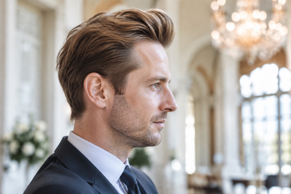 Mann mit Pompadour, Deckhaar voluminös nach oben und hinten gestylt, Hellbraun