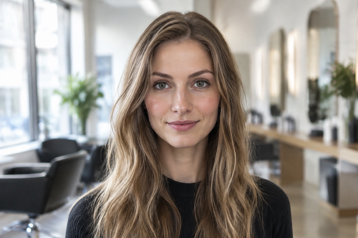 Frau mit kurzem Undercut im Nacken, verdeckt durch langes Deckhaar, Dunkelblond