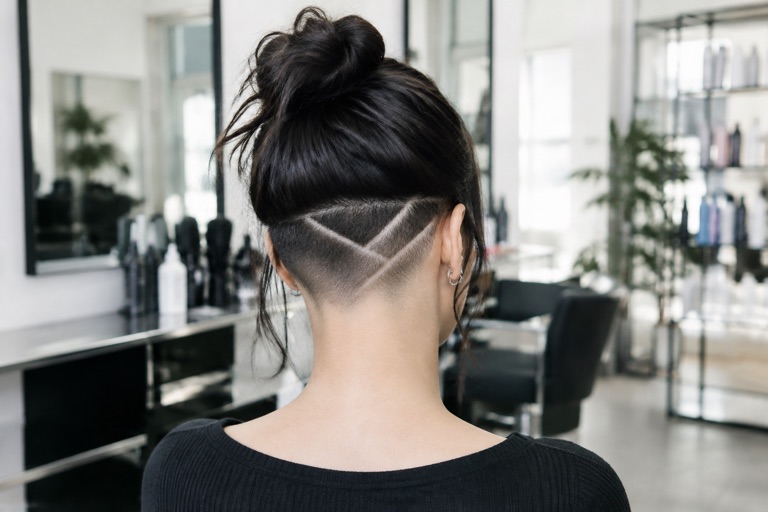 Frau mit Undercut und feinem geometrischem Muster im Hinterkopf, Schwarzbraun, Rückansicht
