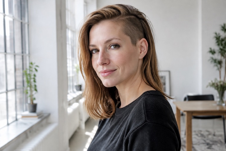 Frau mit schmalem Sidecut über dem Ohr, Hellbraun, Dreiviertelansicht