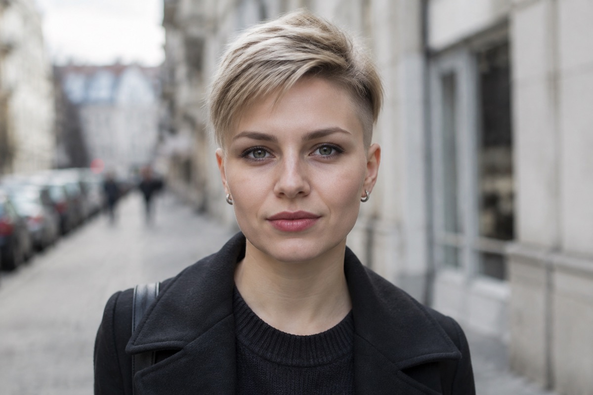 Frau mit Undercut auf insgesamt kurzem Haar, Blondhaar, Blick nach vorn