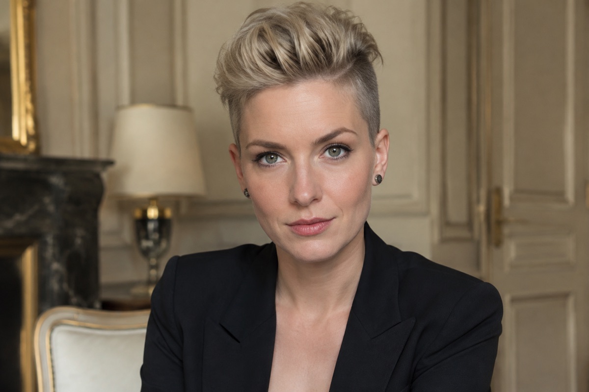 Frau mit Undercut und hochgestecktem Deckhaar, Fläche bewusst sichtbar, Aschblond, Blick nach vorn