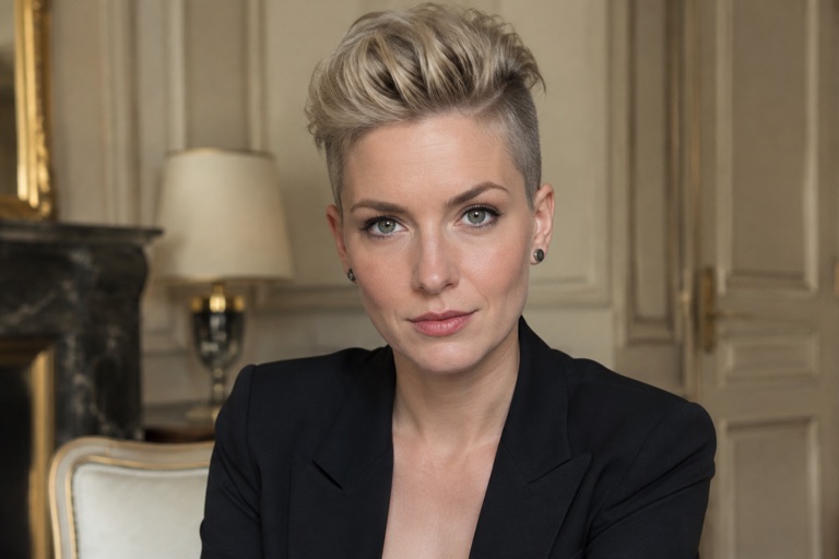 Frau mit Undercut und hochgestecktem Deckhaar, Fläche bewusst sichtbar, Aschblond, Blick nach vorn
