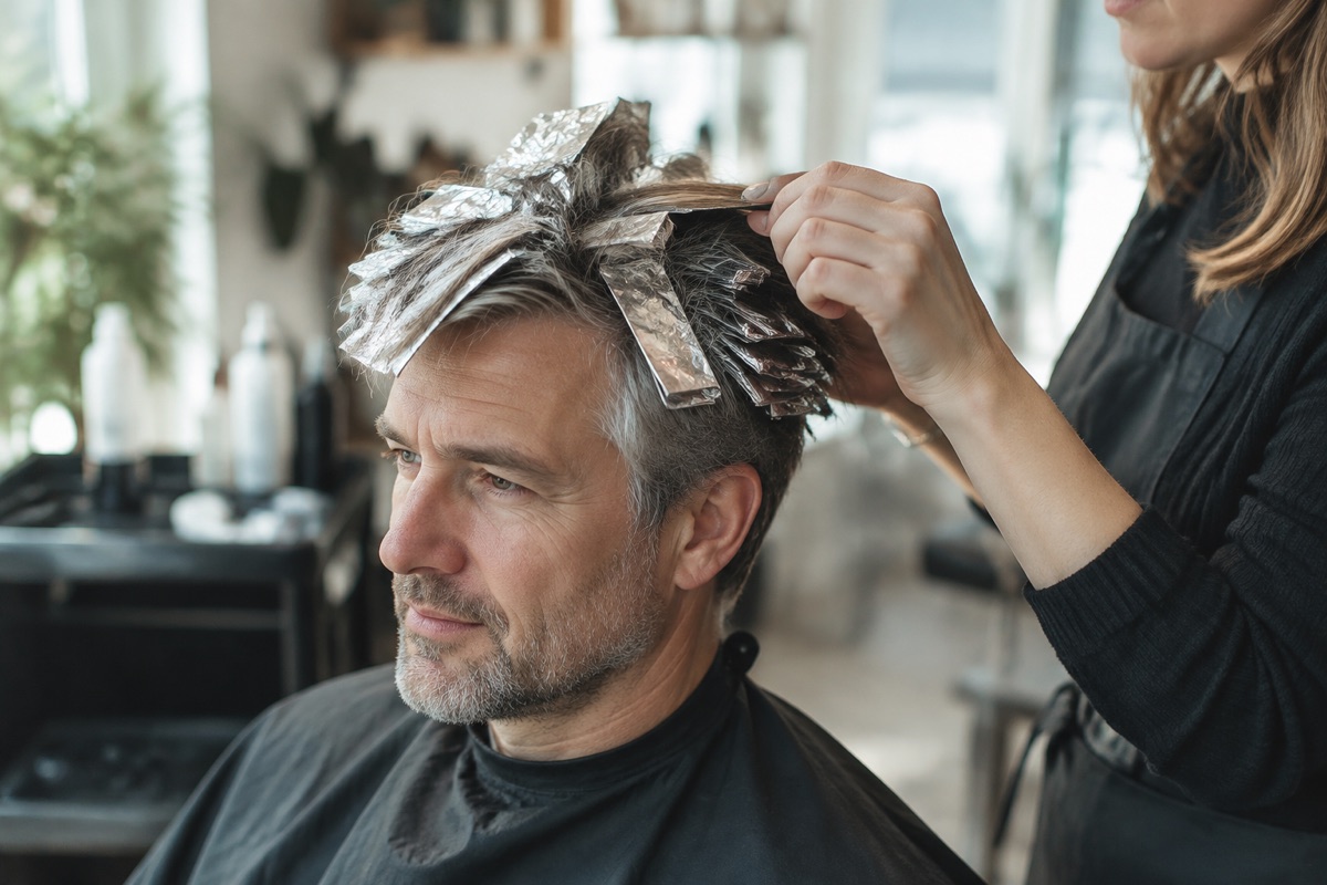 Friseur setzt Strähnen für Grey Blending bei einem Kunden im Salon