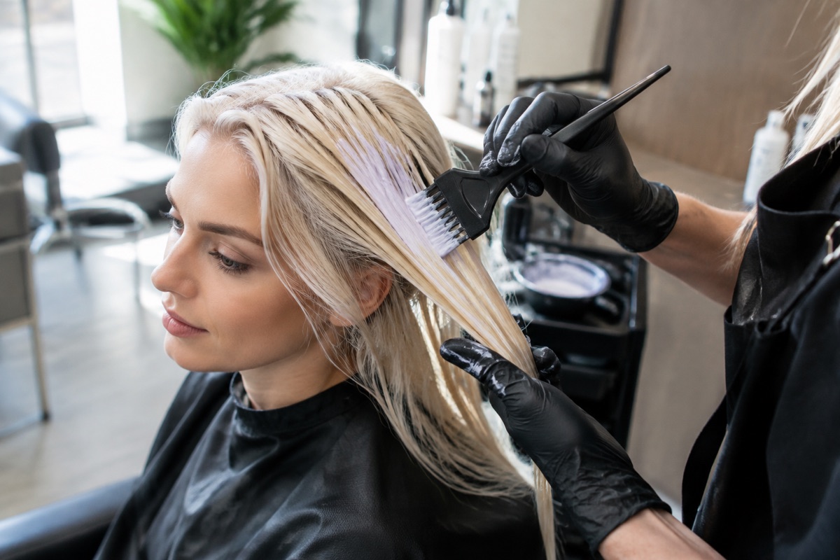 Friseurin tont hellblondes Haar einer Kundin im Salon
