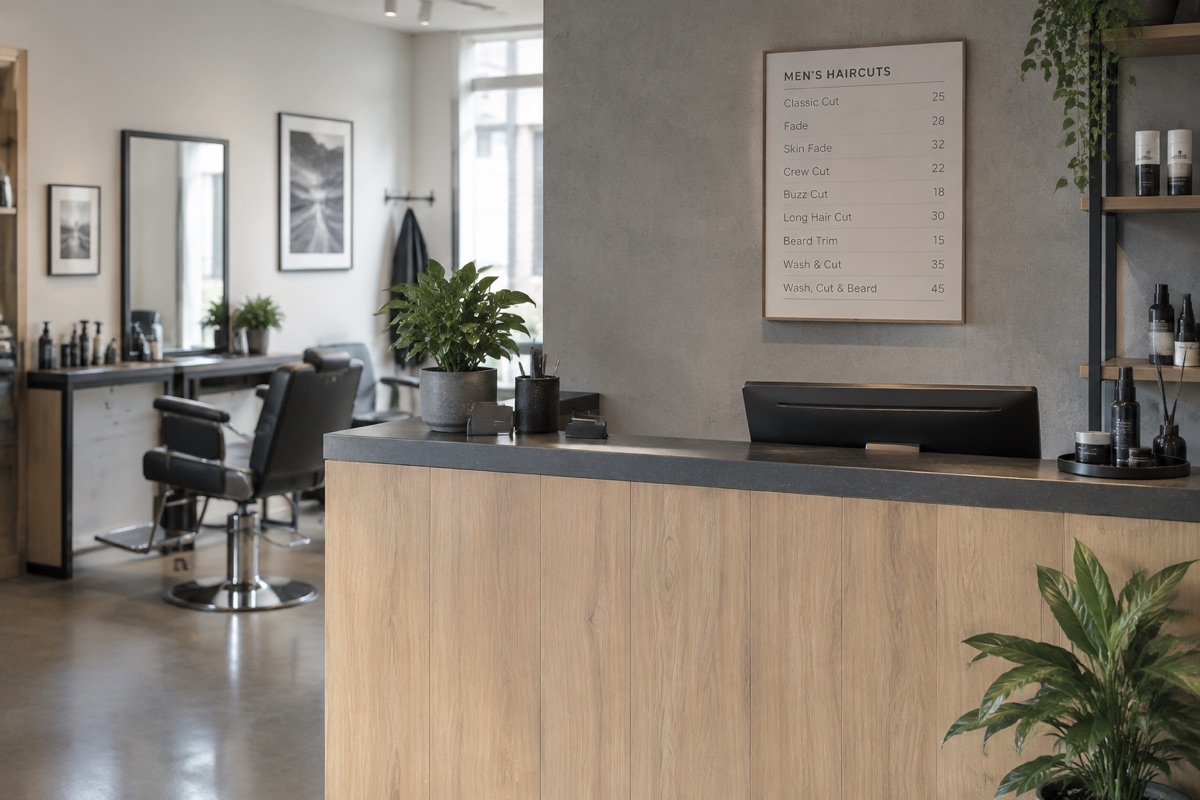 Preisliste für Herrenhaarschnitte an der Rezeption eines Salons