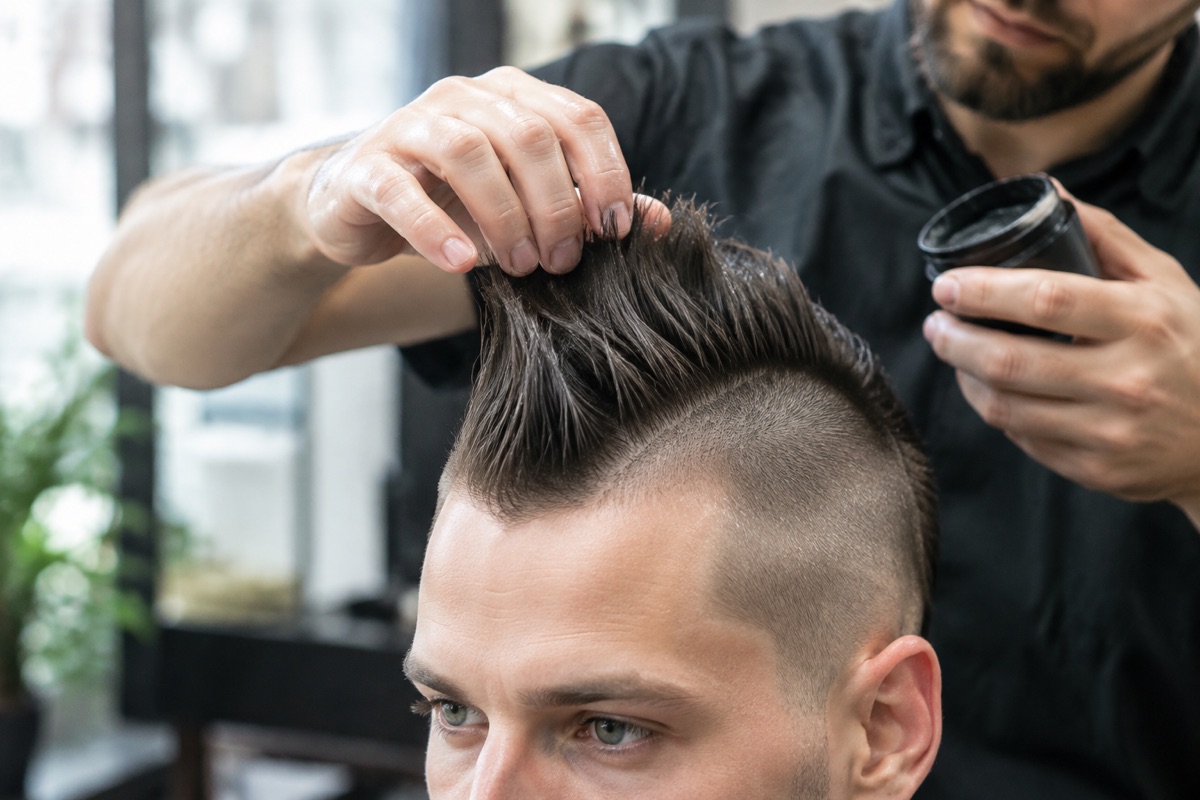 Friseur stylt den Irokesenschnitt eines Kunden mit Gel nach oben