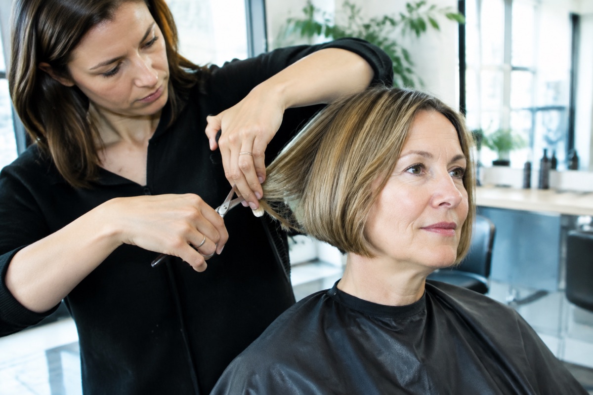 Friseurin schneidet einer Kundin über 50 einen kinnlangen Kurzbob