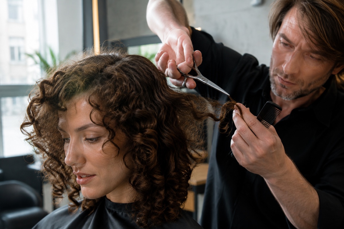 Friseurin schneidet lockiges Haar trocken im Curly-Cut-Verfahren