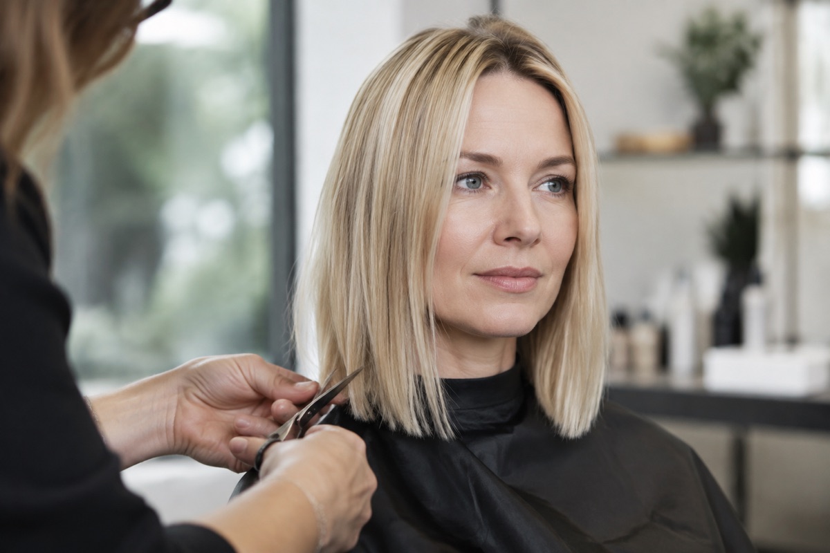 Friseurin schneidet die Kontur eines Long Bobs mit der Schere