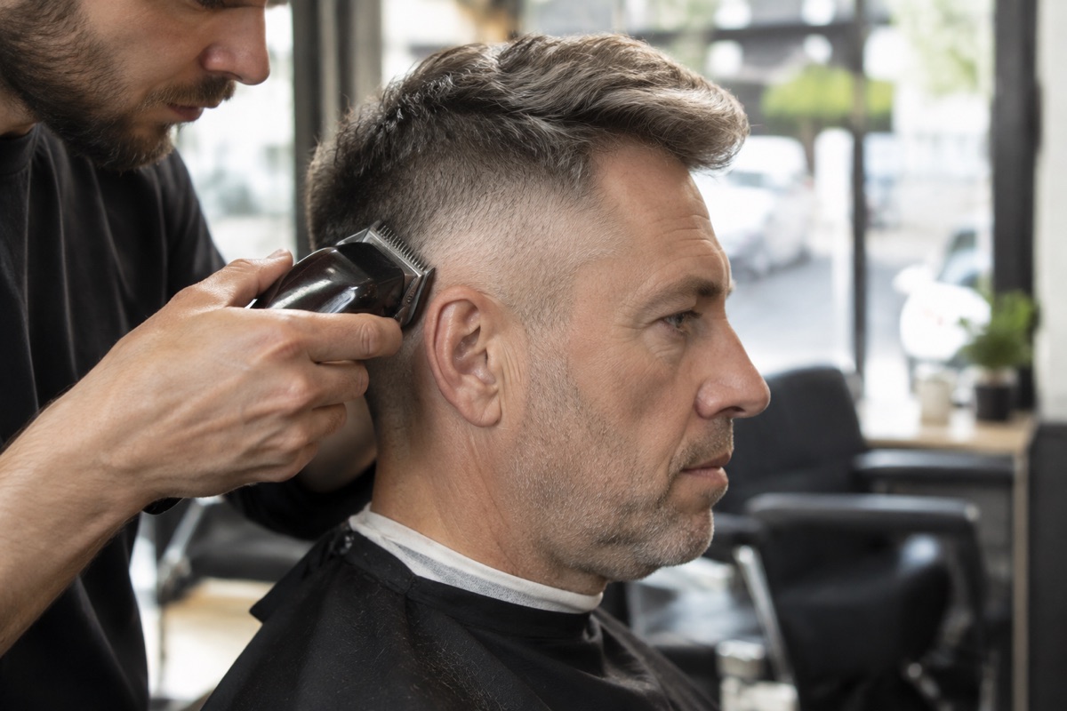 Friseur schneidet einem Kunden über 50 die Seiten kurz
