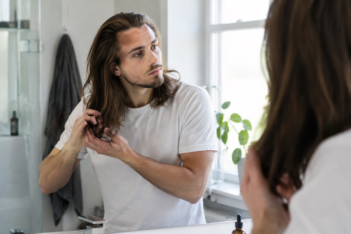 Mann mit langen Haaren pflegt seine Haarspitzen mit Öl
