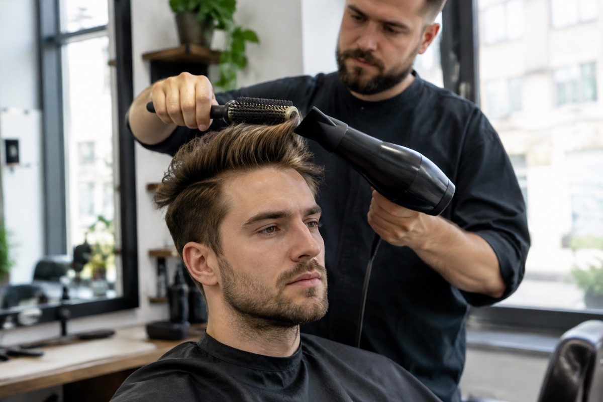 Friseur stylt mittellange Haare eines Mannes mit dem Fön