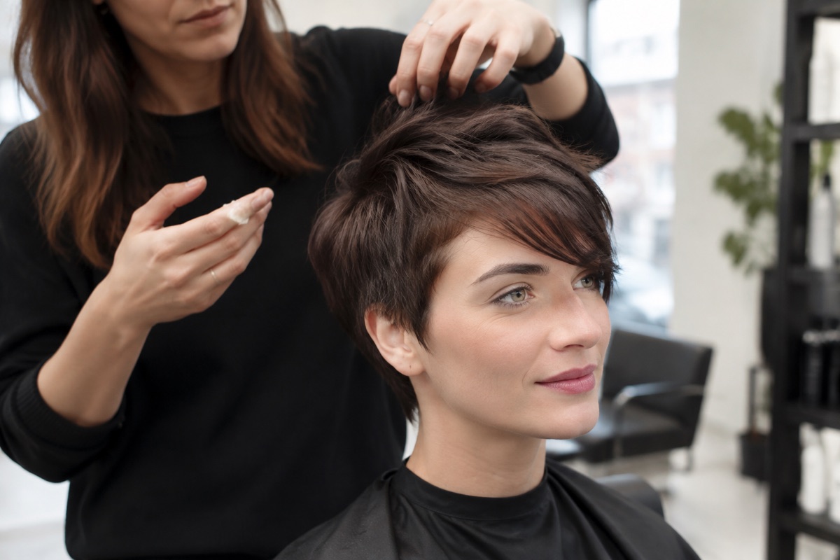 Friseur stylt das Deckhaar eines Long Pixie Cuts mit Wachs
