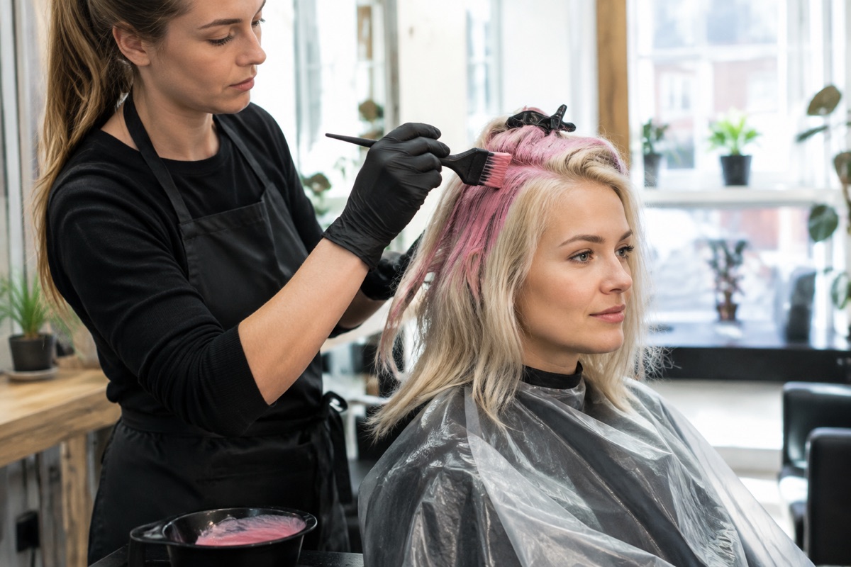 Friseurin trägt rosa Farbe im Salon auf blondiertes Haar einer Kundin auf