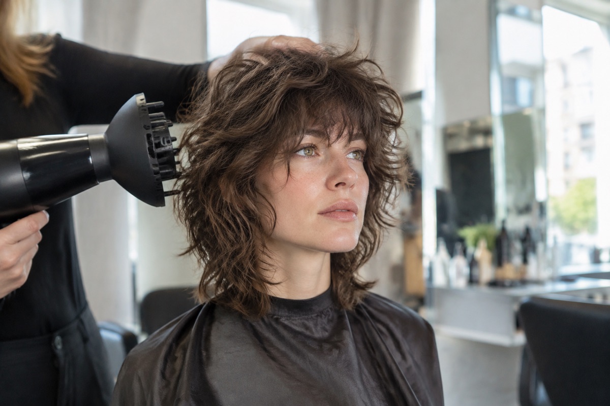 Friseurin föhnt einen Shag Cut für mehr Textur im Salon