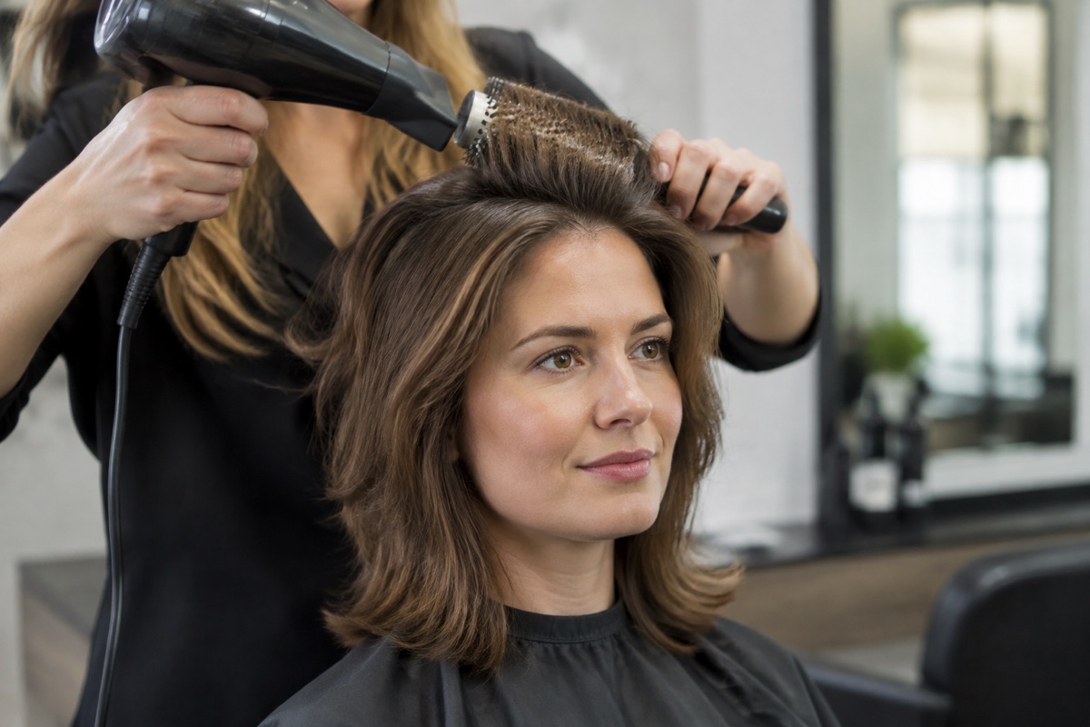 Friseurin föhnt einen Stufenschnitt mit Rundbürste für mehr Volumen