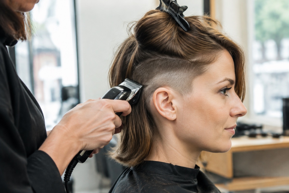 Friseurin rasiert einen Undercut mit der Haarschneidemaschine