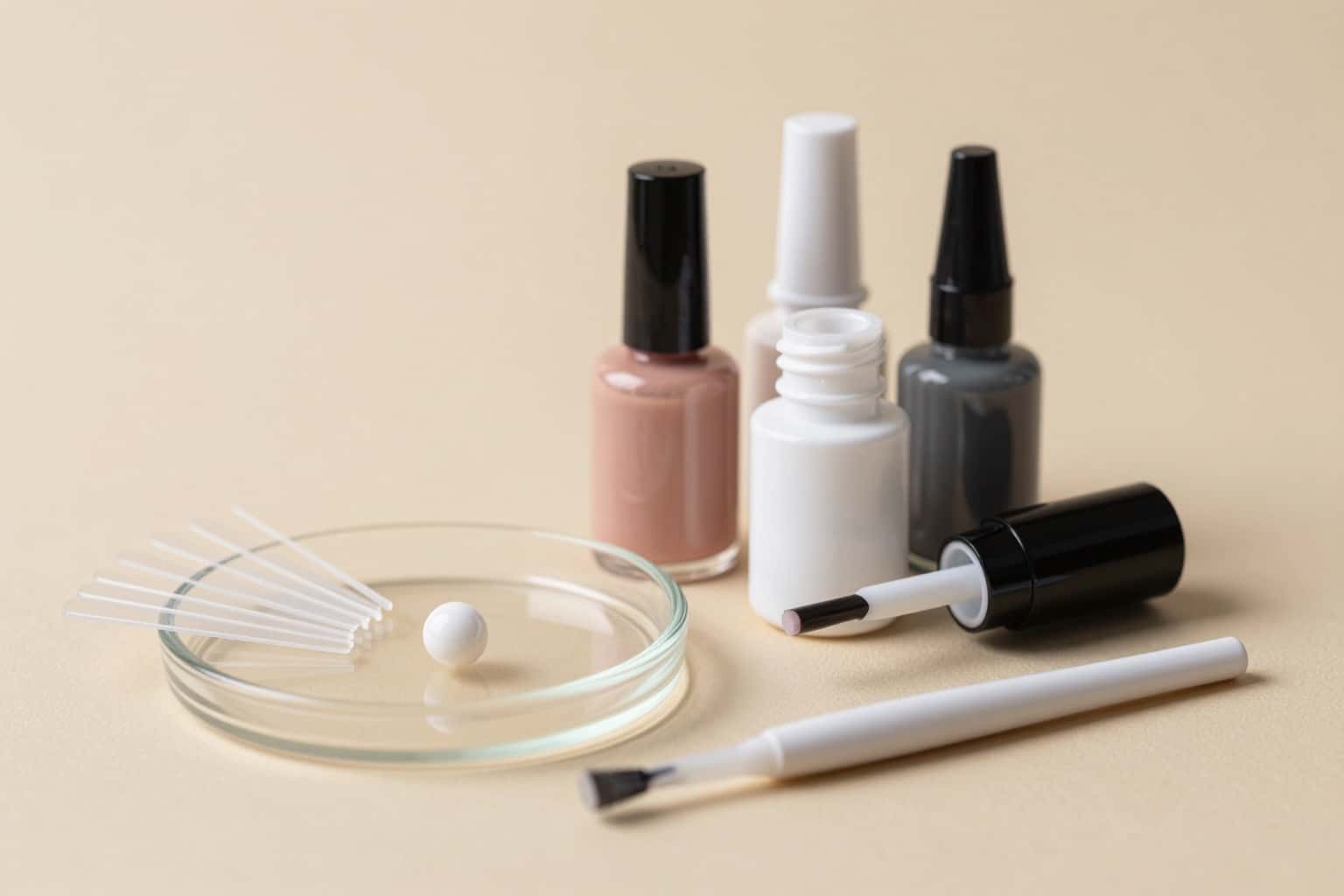 Acrylbällchen am Pinsel über einem Dappen-Dish, daneben Acrylpulver, Liquid und Nageltips