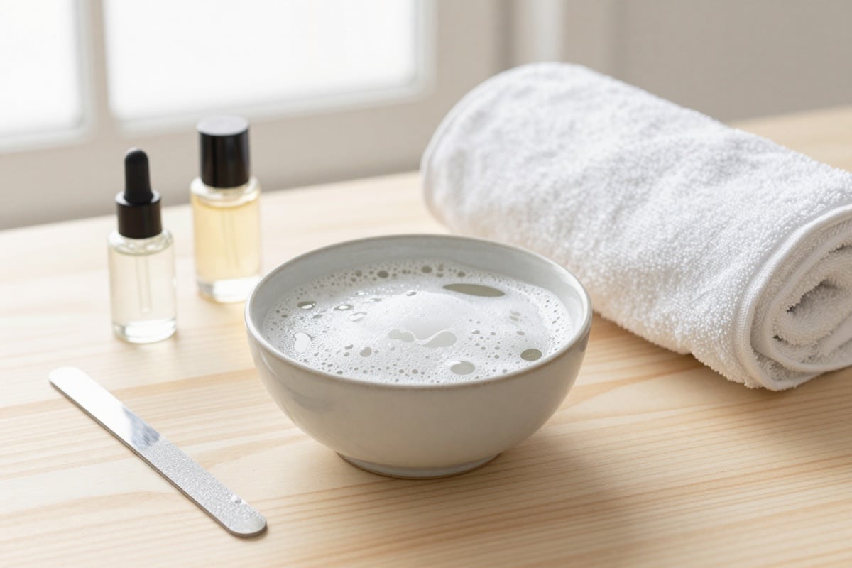 Schale mit warmem Seifenwasser, Handtuch, Nagelöl und Glasfeile – sanfte acetonfreie Methode zum Lösen von Acrylnägeln