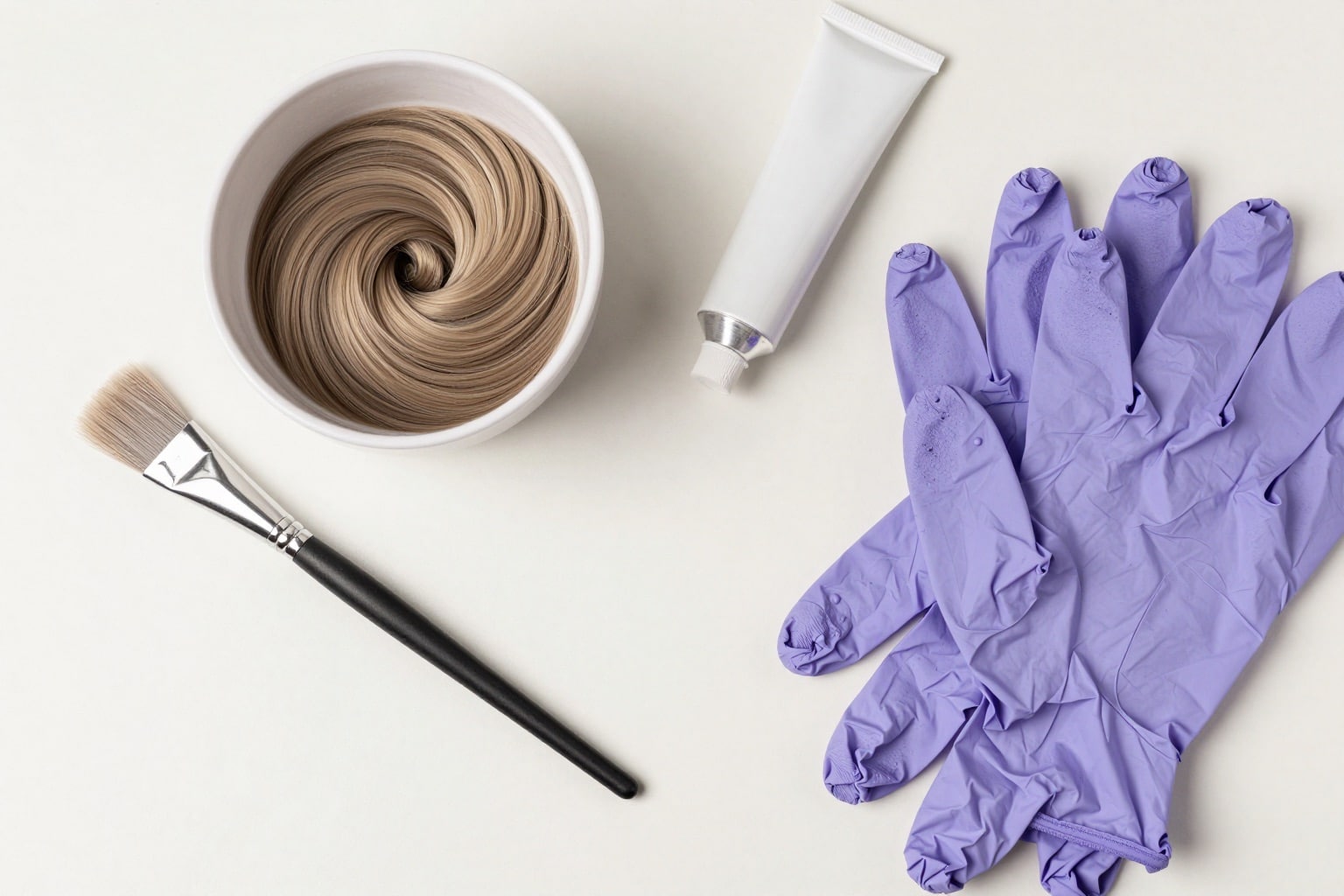 Färbeset für aschblonde Haare: Pinsel, Schale, Handschuhe und Tönung als Flatlay