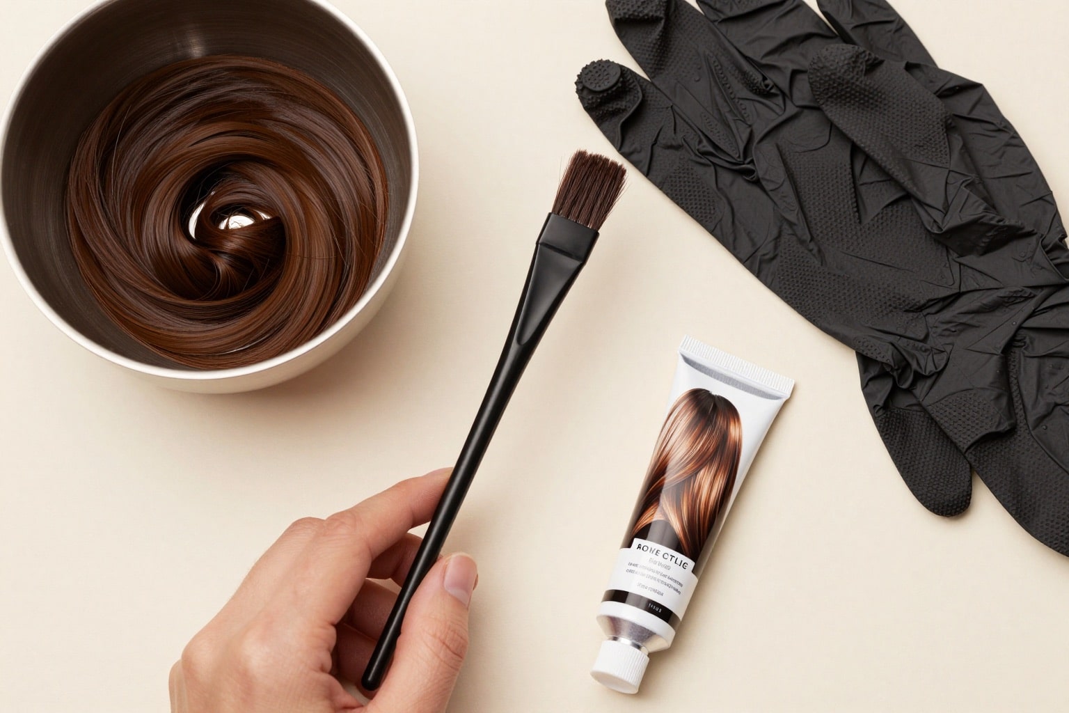 Färbeset für aschbraune Haare: Pinsel, Schale, Handschuhe und Tube
