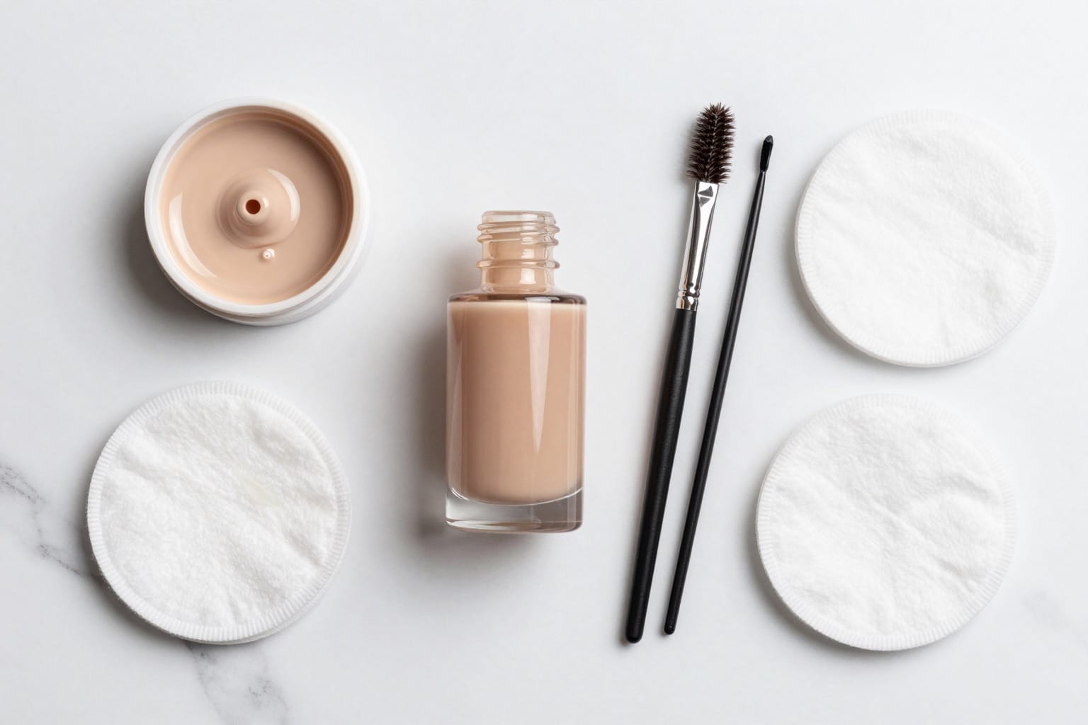 Flatlay mit Augenbrauenfarbe-Set: Tönung, Mischschälchen und Applikatorbürste