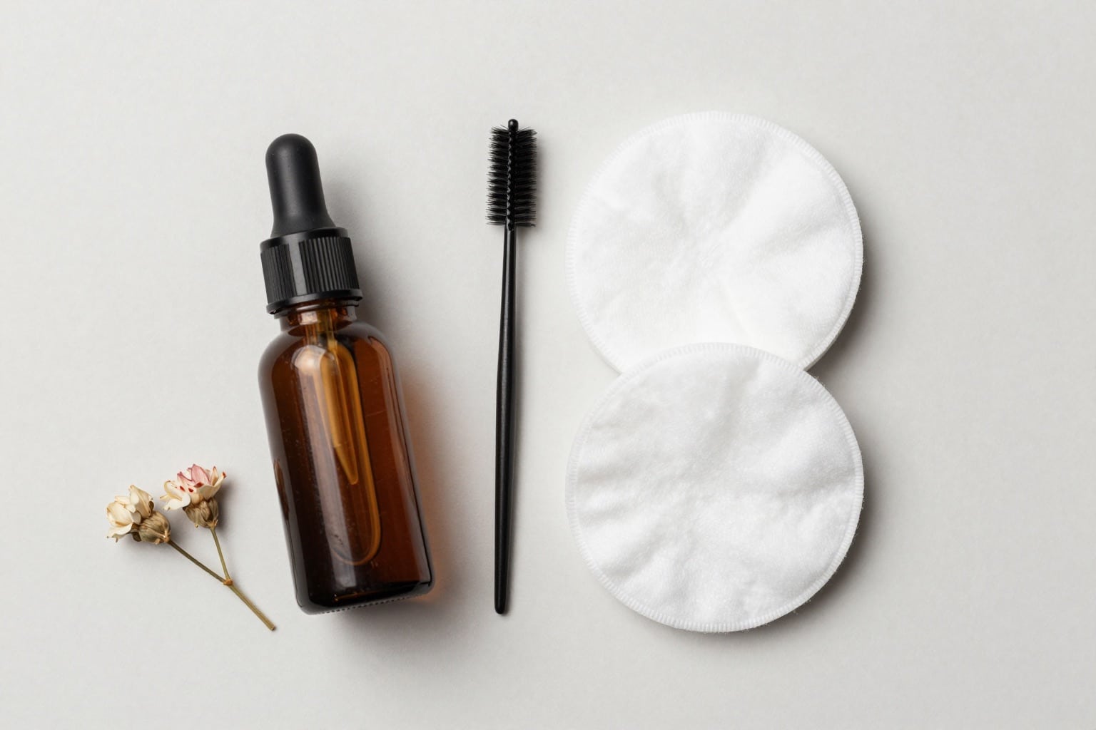 Flatlay mit Pflegeöl, Bürstchen und Beauty-Utensilien für Augenbrauenpflege auf hellem Untergrund