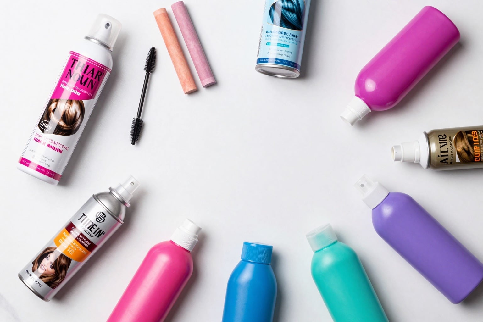 Flatlay mit bunten temporären Haarfarbprodukten wie Color-Spray, Haarkreide und Schaumtönung