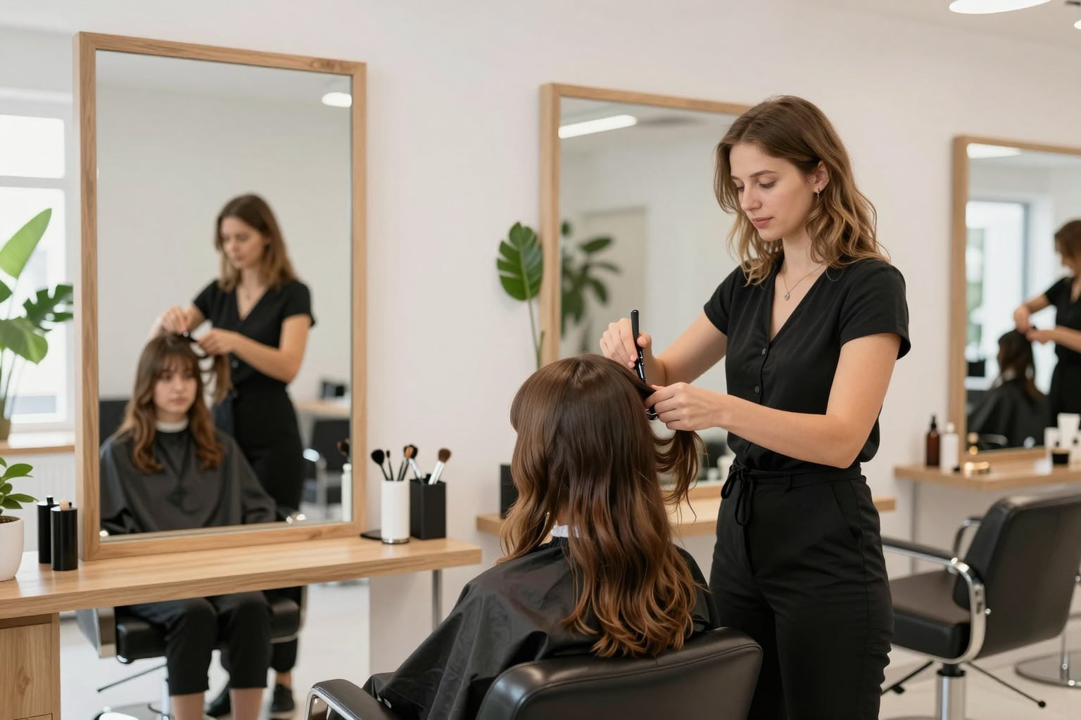 Heller, moderner Friseursalon in Baden-Württemberg mit Friseurin bei der Arbeit