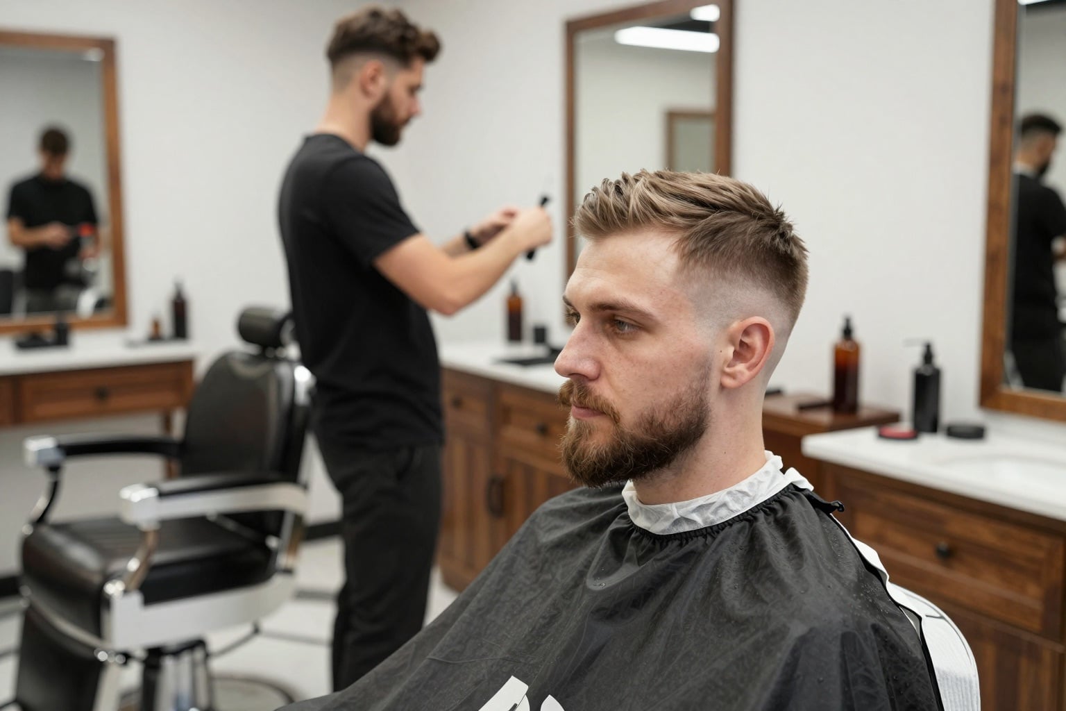 Europäischer Mann mit Fade-Schnitt und gepflegtem Bart sitzt im Barbershop