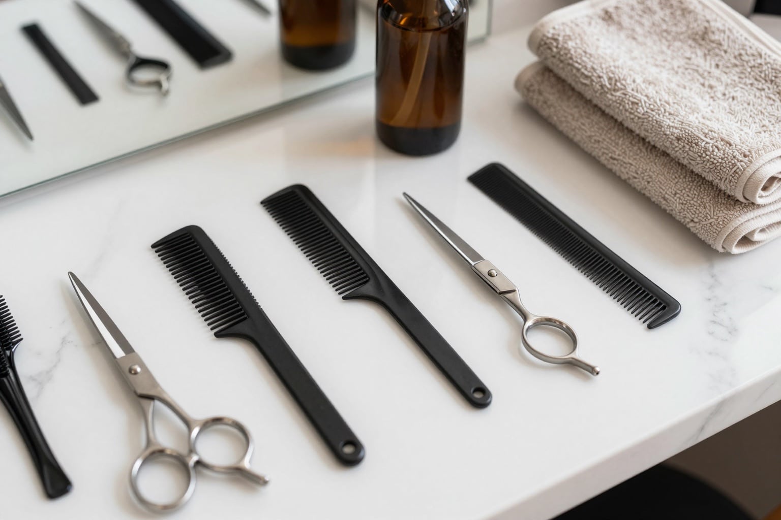 Friseurwerkzeug wie Schere und Kämme ordentlich auf einer Ablage