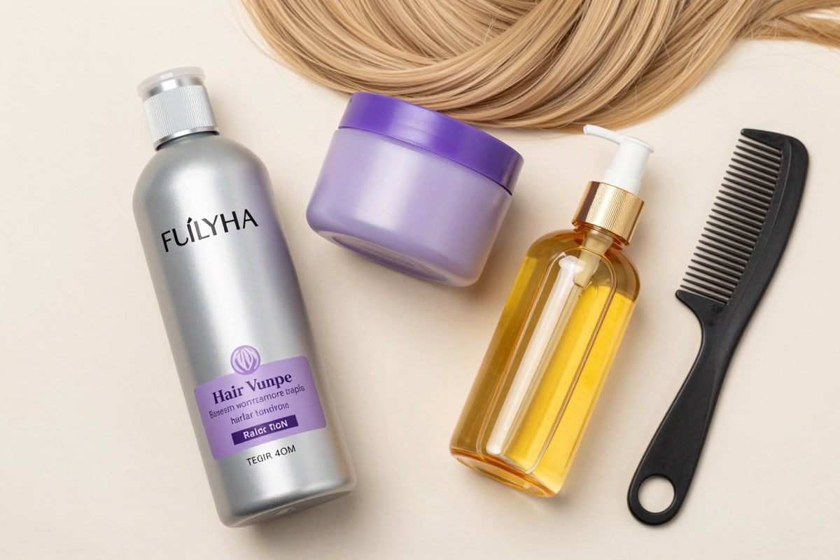 Pflegeprodukte für blondes Haar: Silbershampoo, Maske und Haaröl auf hellem Untergrund