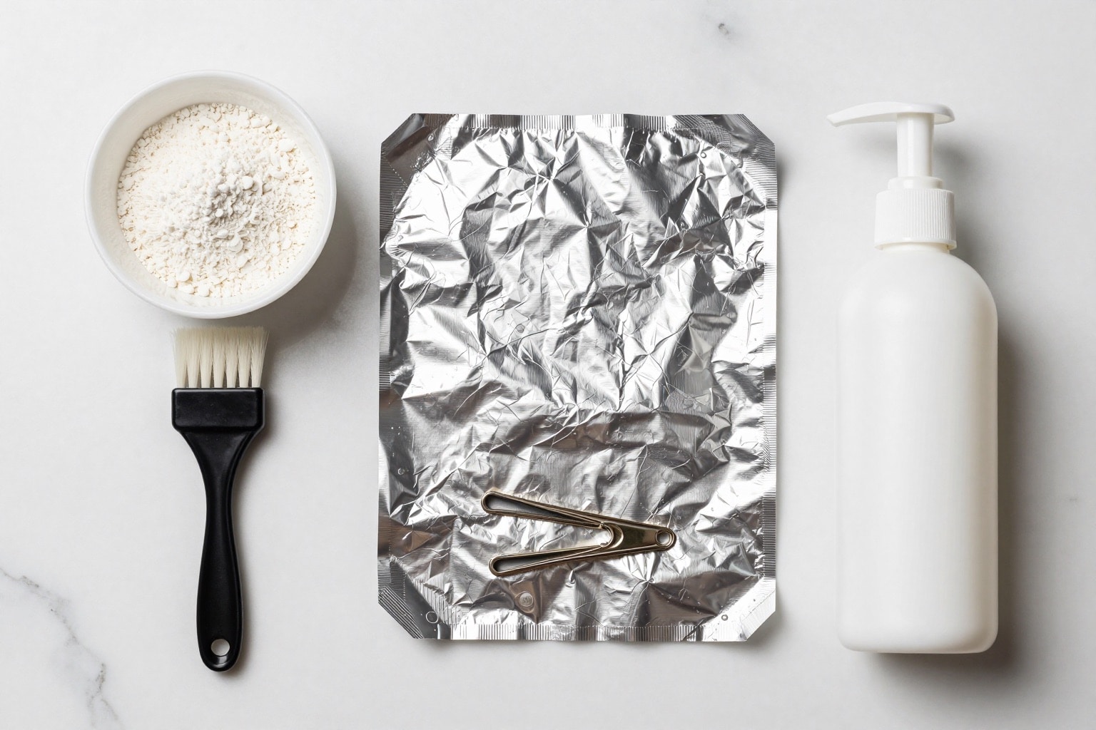 Blondier-Set mit Schale, Pinsel, Entwickler und Strähnenfolien als Flatlay