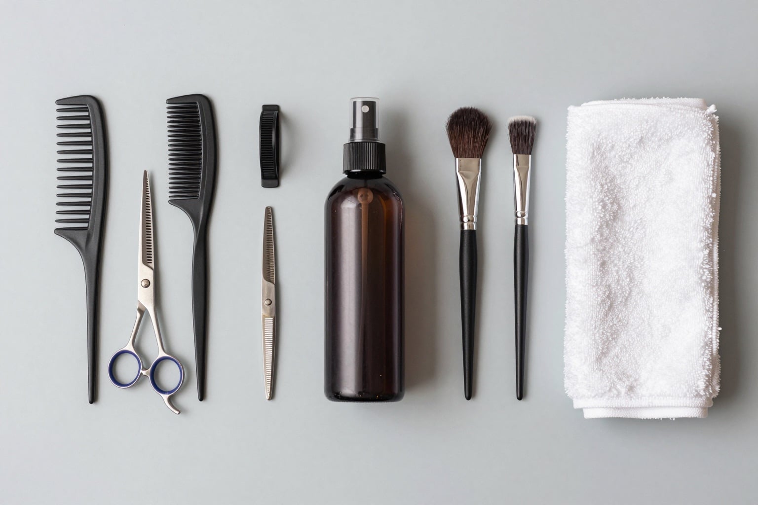 Flatlay mit professionellem Friseur-Equipment: Scheren, Kämme, Pinsel und Sprühflasche