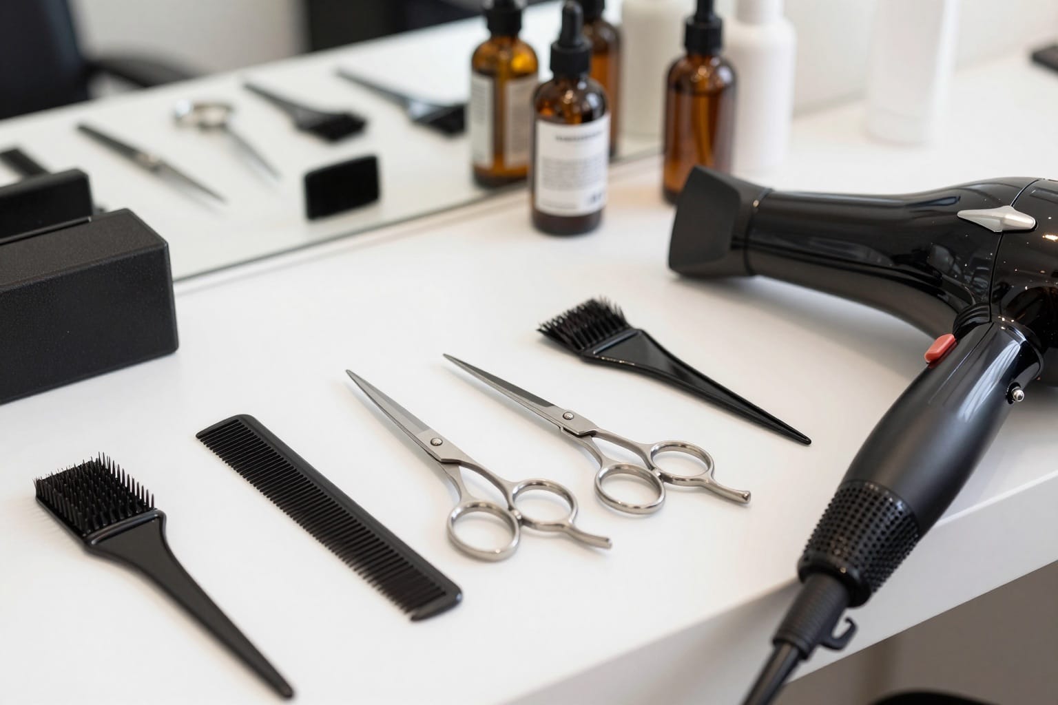 Friseurwerkzeug auf einer Salontheke in Brandenburg