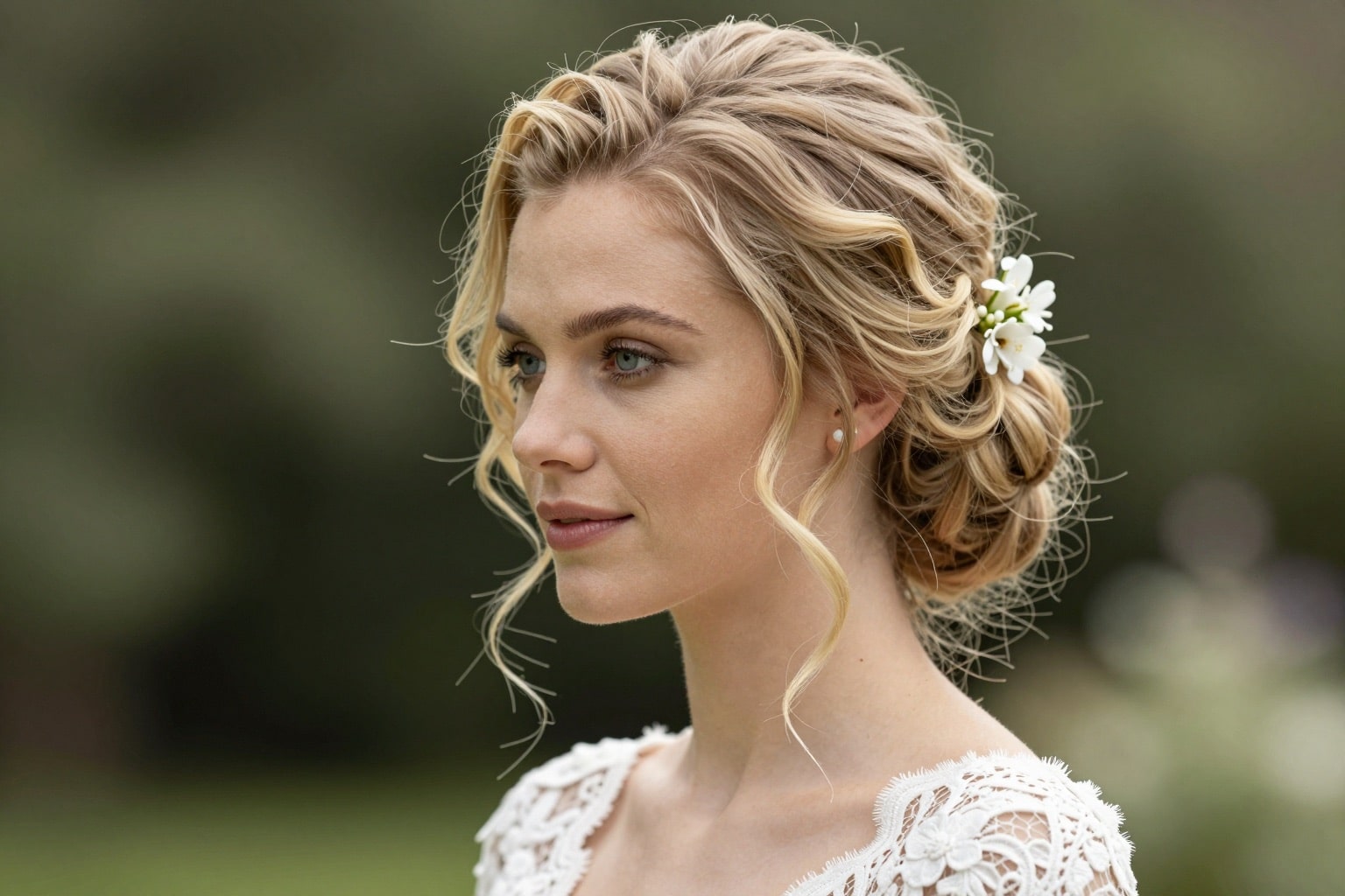 Europäische Braut mit romantischer Hochsteckfrisur und Blumen im Haar