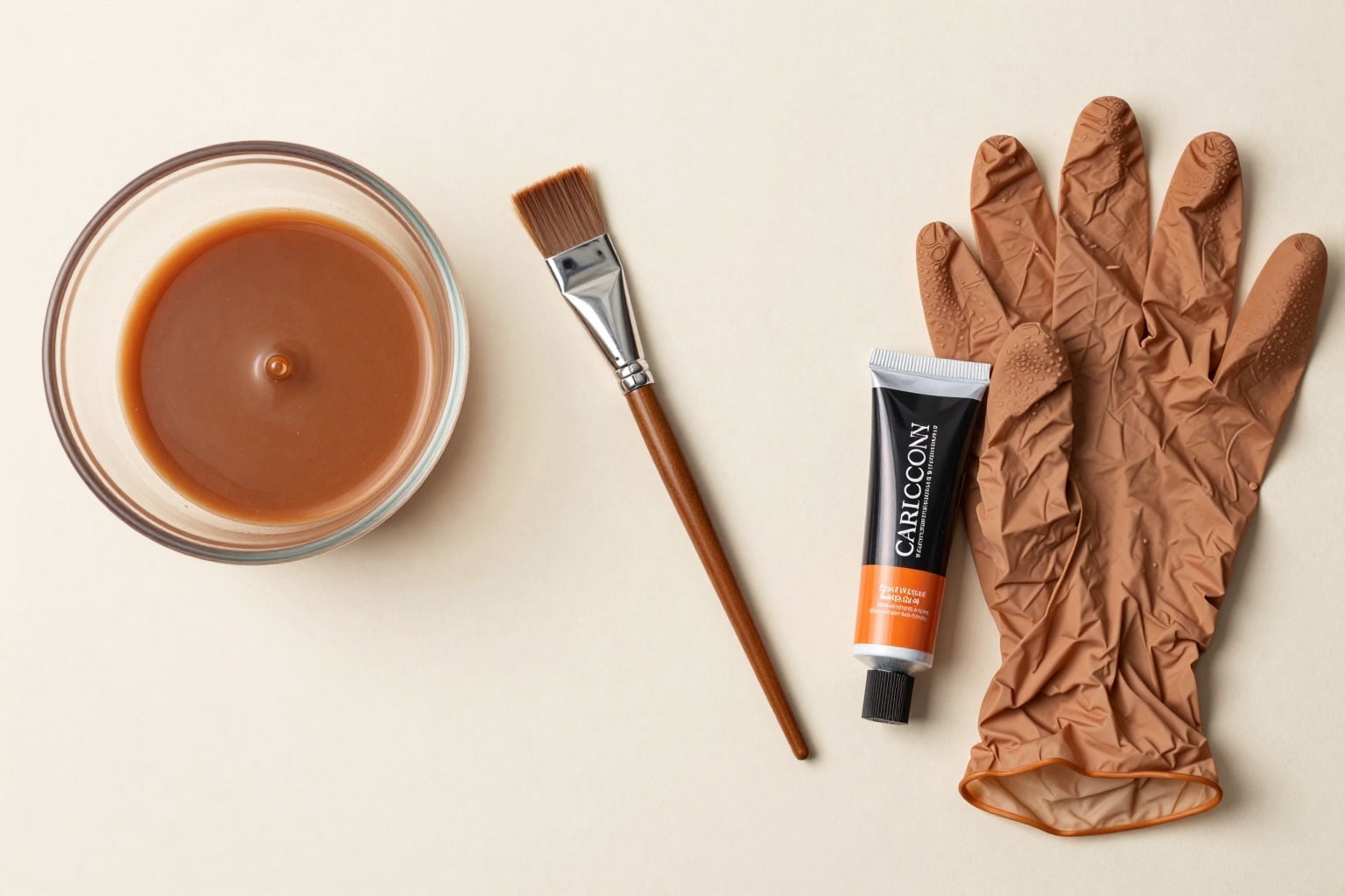 Färbeset für caramelfarbene Haare: Pinsel, Schale, Handschuhe und Tönung
