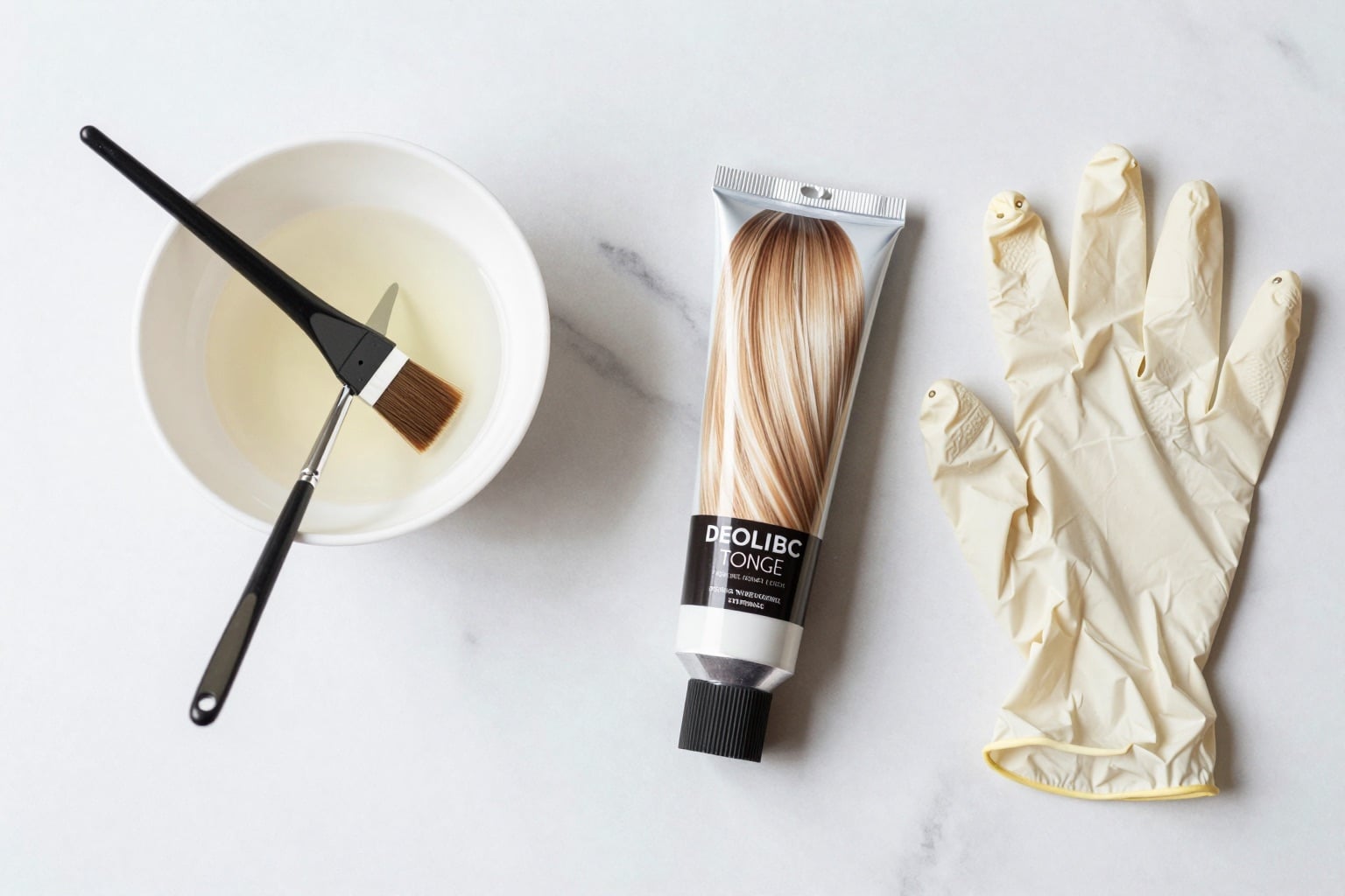 Färbeset für Champagnerblond: Pinsel, Schale, Handschuhe und Tönung als Flatlay
