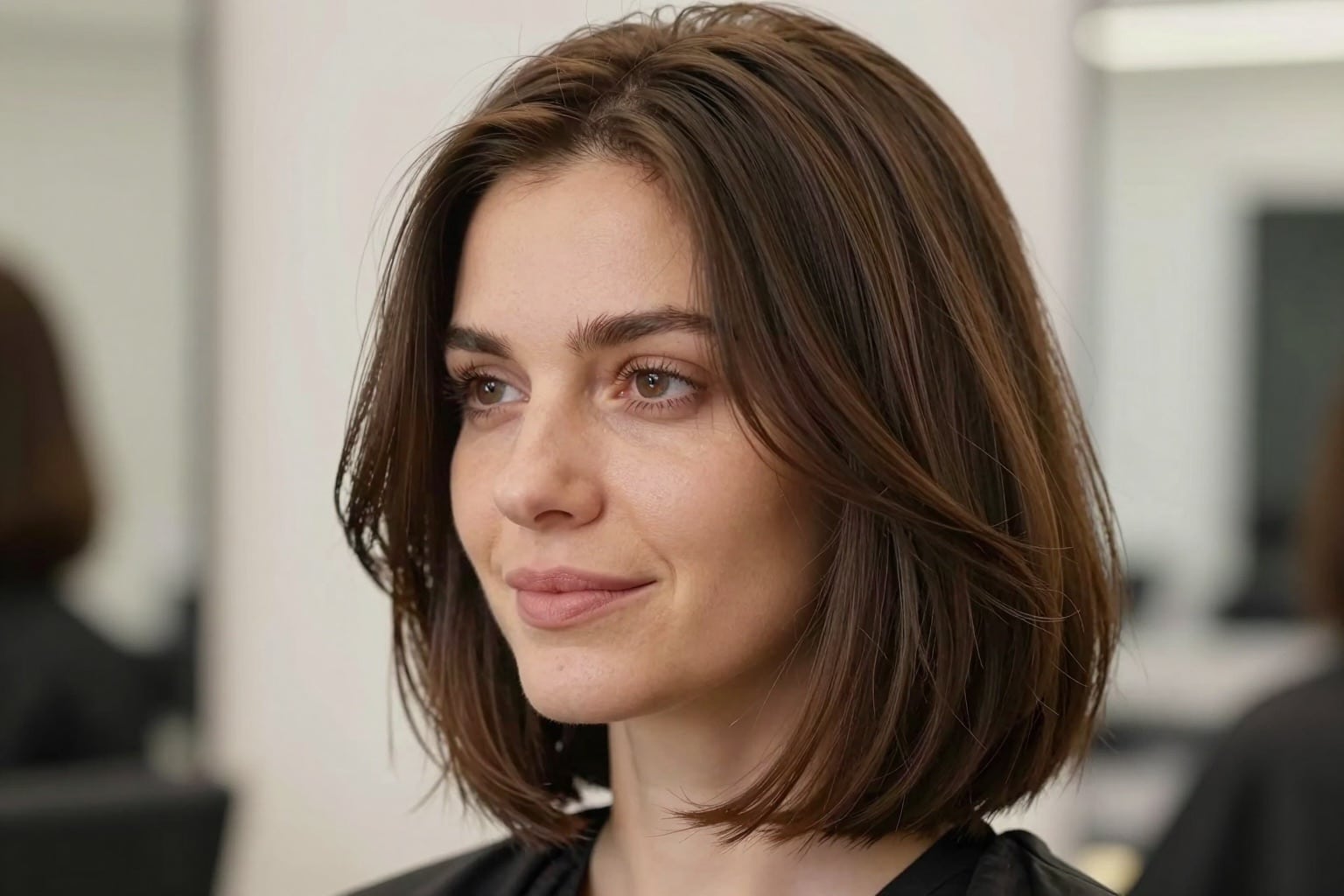 Europäische Frau mit modernem gestuftem Long Bob, Nahaufnahme der Damenfrisur