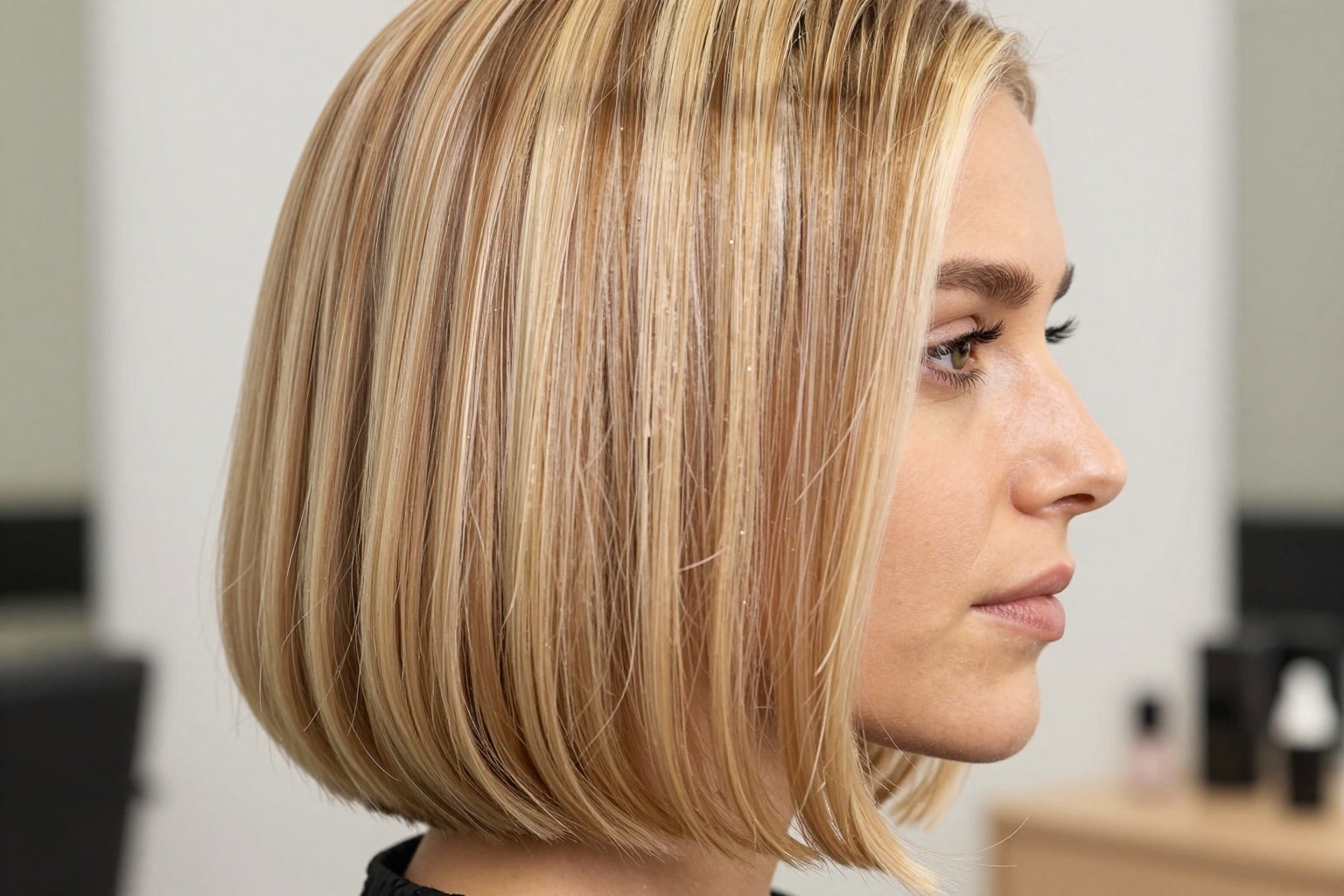Europäische Frau mit kinnlangem Blunt Bob, seitliche Nahaufnahme der Damenfrisur im Salon