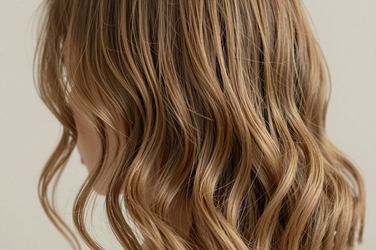 Natürliche dunkelblonde Haare in welligen Strähnen aus der Nähe