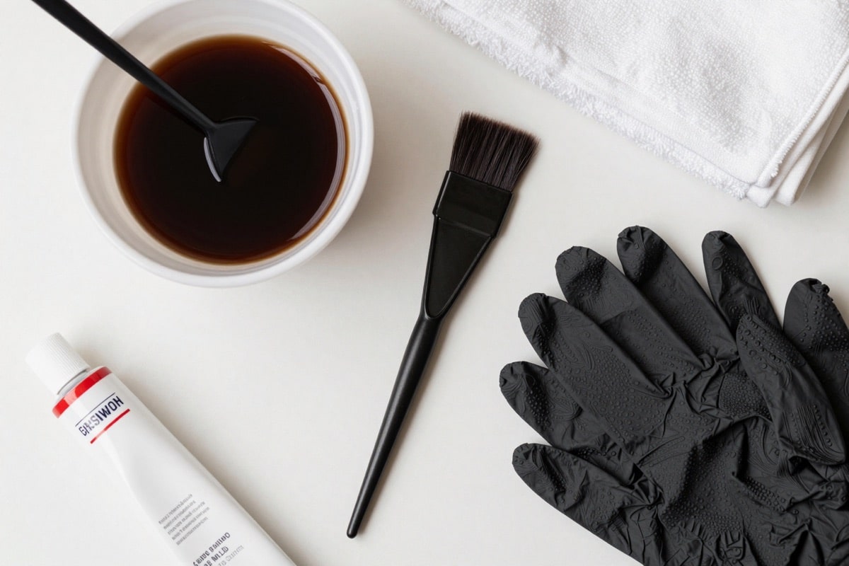 Färbeset für dunkelbraune Haare: Pinsel, Schale, Handschuhe und Tönung
