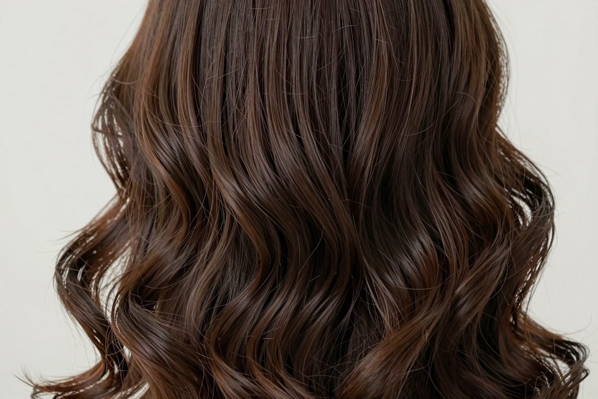 Tiefe dunkelbraune, glänzende Haare in welligen Strähnen aus der Nähe