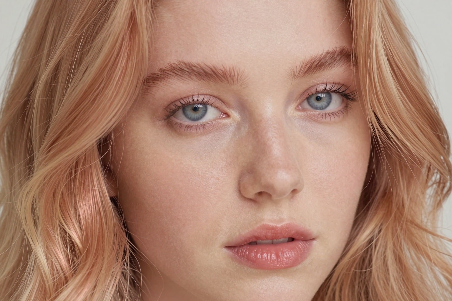 Erdbeerblonde Haare in welligen Strähnen aus der Nähe, zartes Rosé-Gold-Blond
