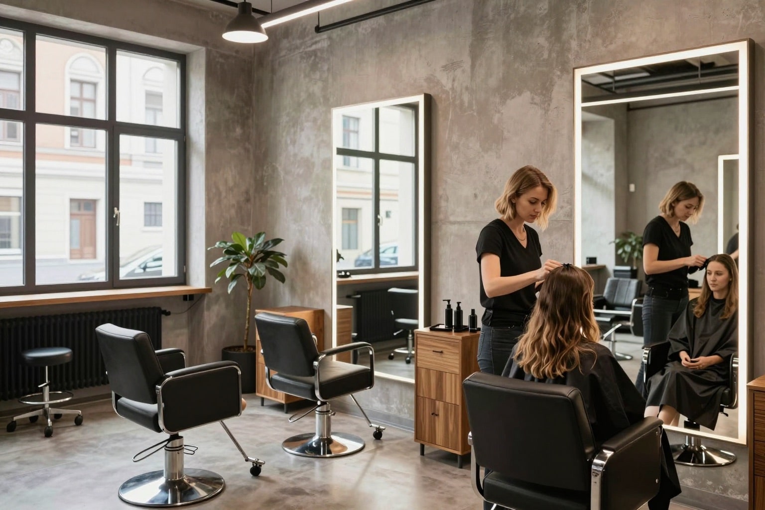 Moderner Friseursalon in Berlin mit Stylingplätzen und urbaner Atmosphäre