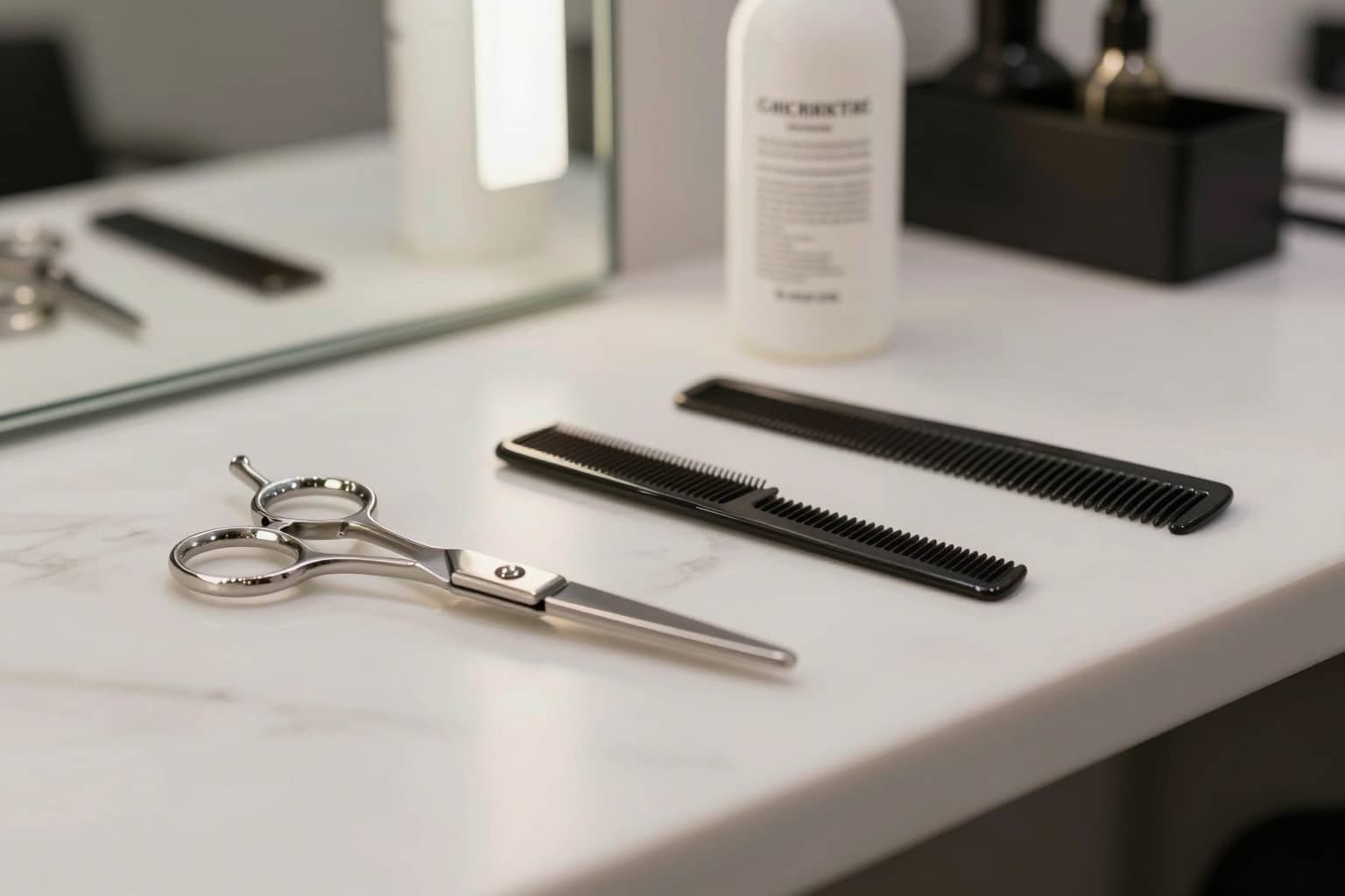 Friseur-Werkzeuge mit Schere und Kamm auf urbaner Salon-Ablage