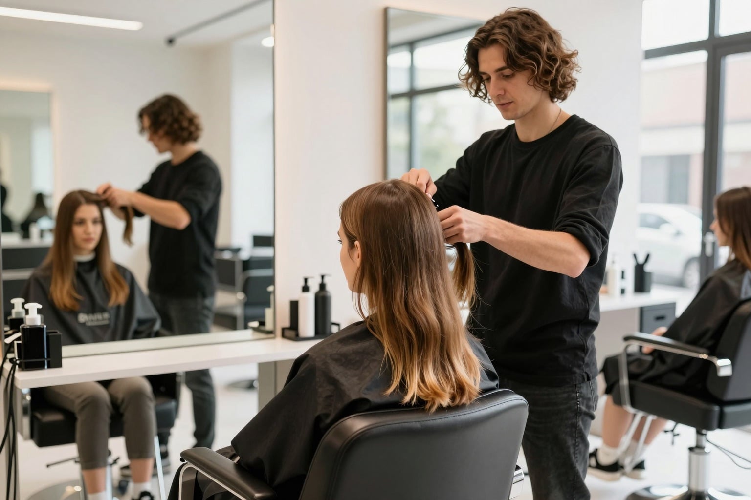 Friseursalon: Kundin wird im Stylingstuhl beraten und frisiert