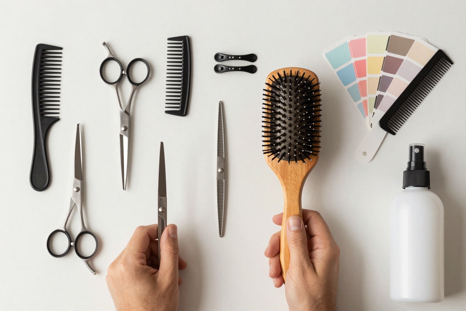 Flatlay mit Friseurwerkzeug: Schere, Kamm, Bürste, Haarklammern und Pflegeprodukte