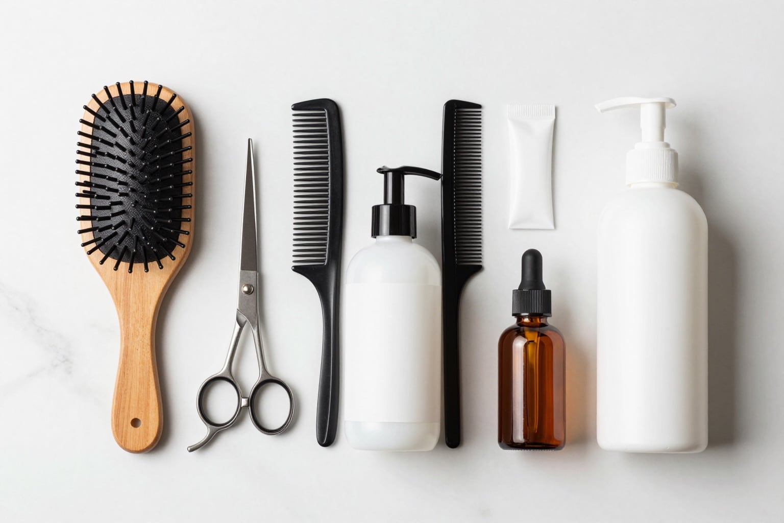 Flatlay mit Friseurbedarf: Bürsten, Scheren, Kamm und professionelle Pflegeprodukte
